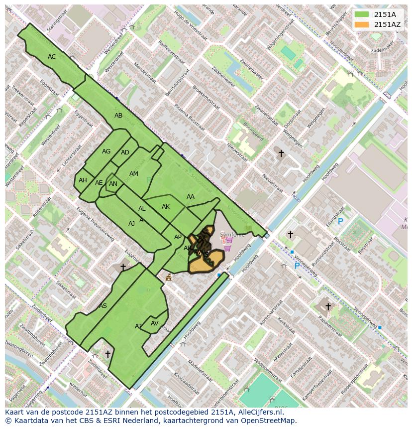 Afbeelding van het postcodegebied 2151 AZ op de kaart.