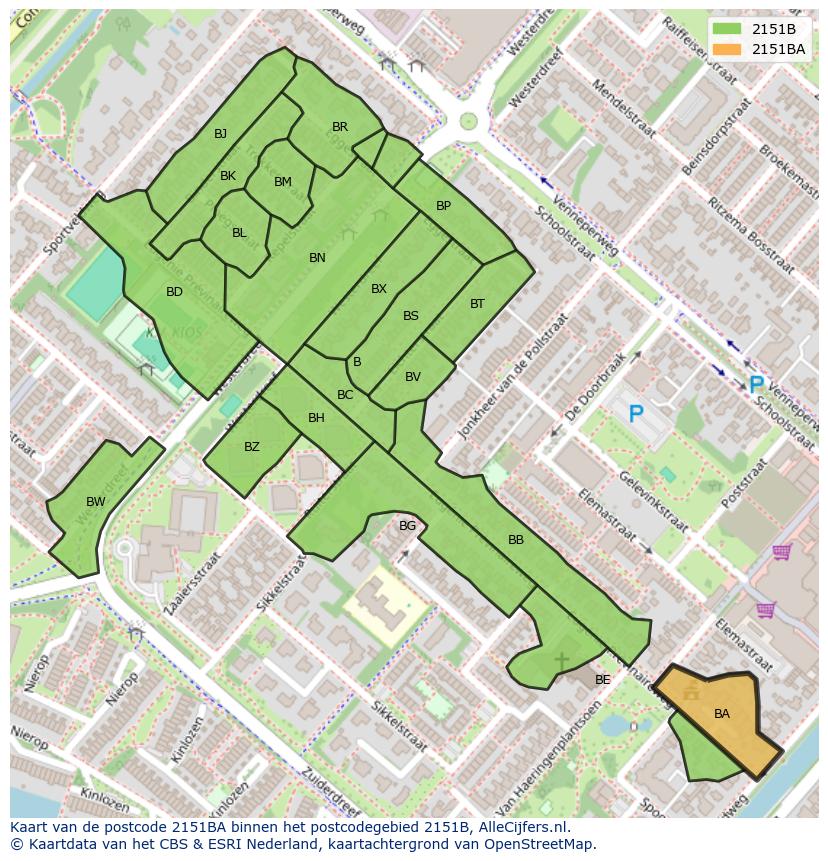 Afbeelding van het postcodegebied 2151 BA op de kaart.