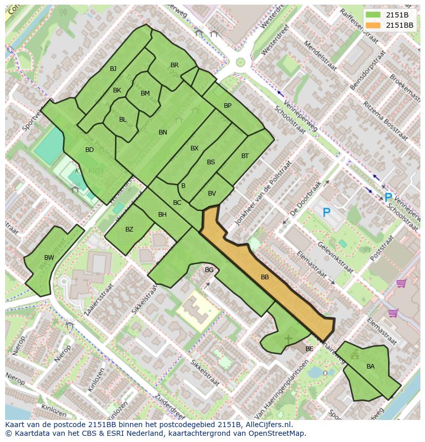 Afbeelding van het postcodegebied 2151 BB op de kaart.