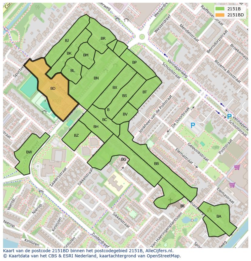 Afbeelding van het postcodegebied 2151 BD op de kaart.