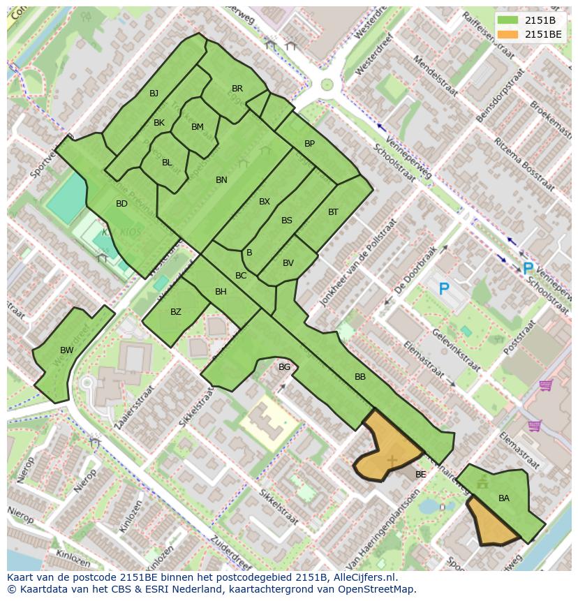 Afbeelding van het postcodegebied 2151 BE op de kaart.