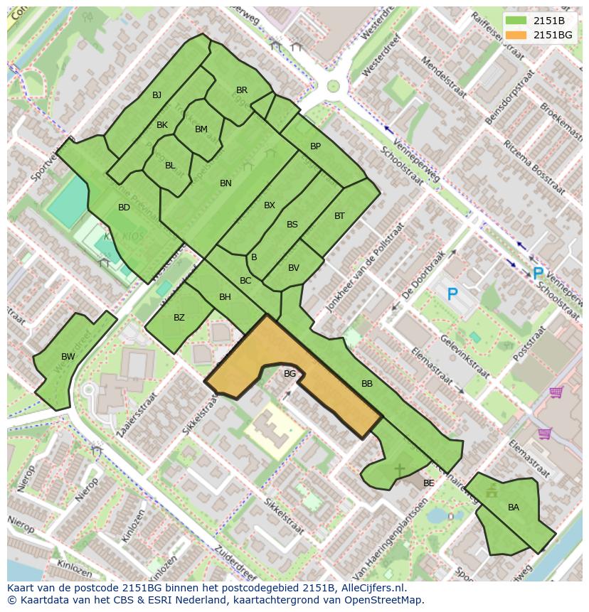 Afbeelding van het postcodegebied 2151 BG op de kaart.