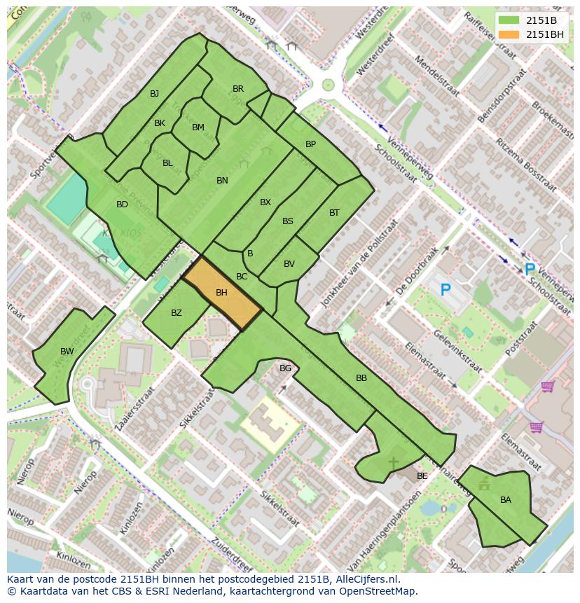 Afbeelding van het postcodegebied 2151 BH op de kaart.