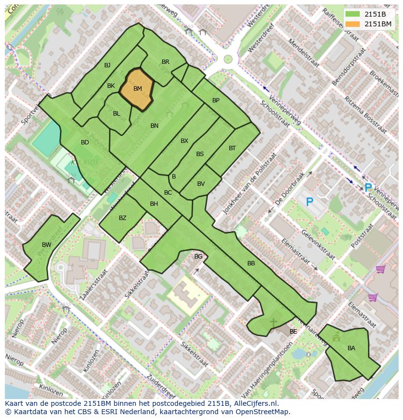 Afbeelding van het postcodegebied 2151 BM op de kaart.