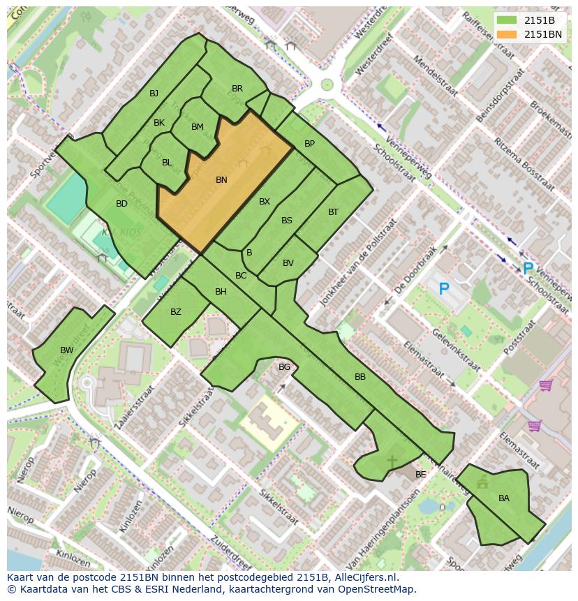 Afbeelding van het postcodegebied 2151 BN op de kaart.
