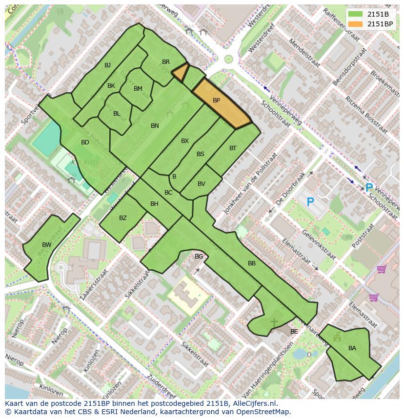 Afbeelding van het postcodegebied 2151 BP op de kaart.