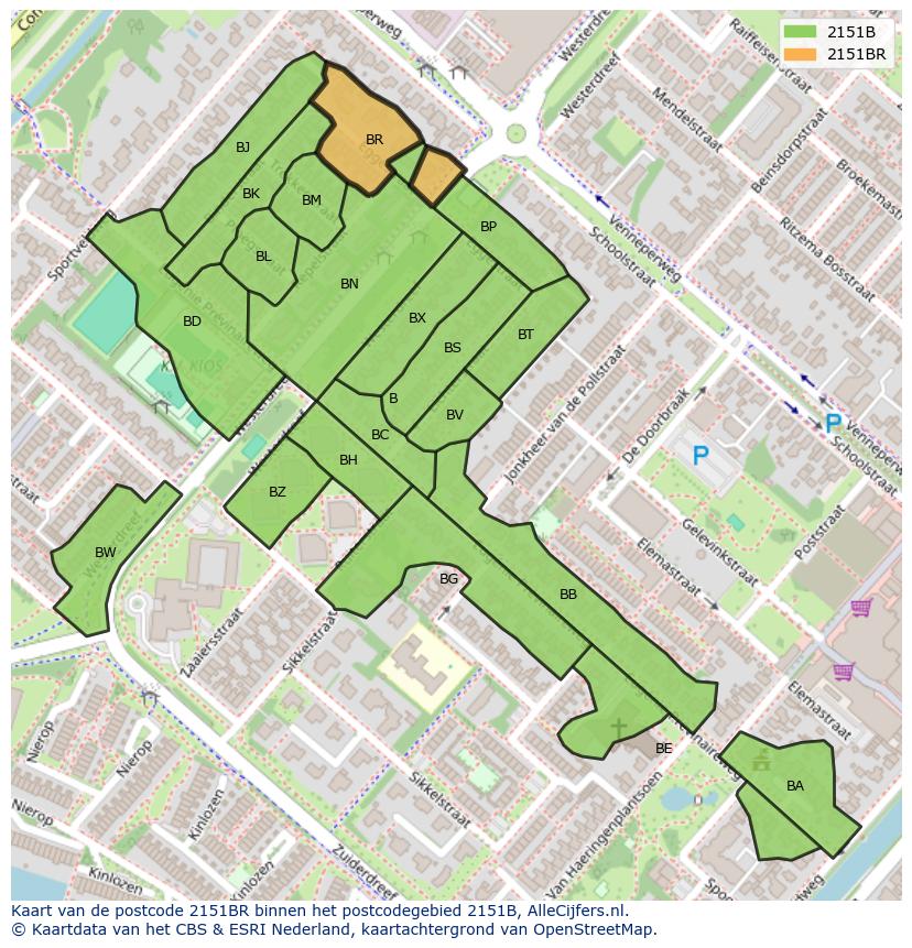Afbeelding van het postcodegebied 2151 BR op de kaart.