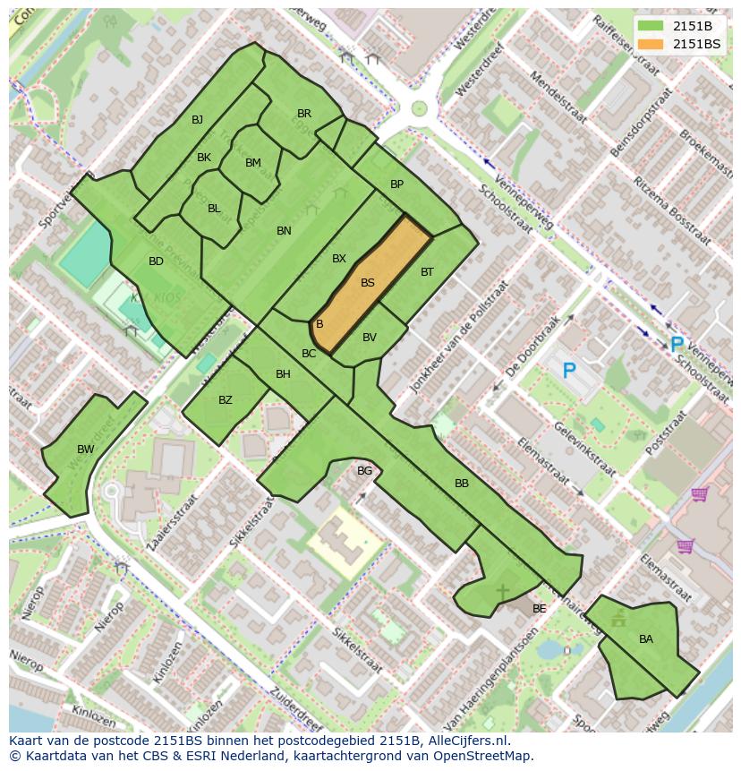 Afbeelding van het postcodegebied 2151 BS op de kaart.