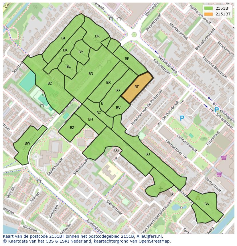 Afbeelding van het postcodegebied 2151 BT op de kaart.