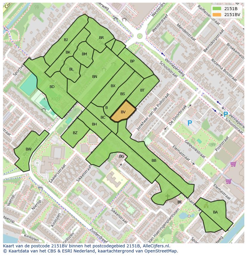 Afbeelding van het postcodegebied 2151 BV op de kaart.