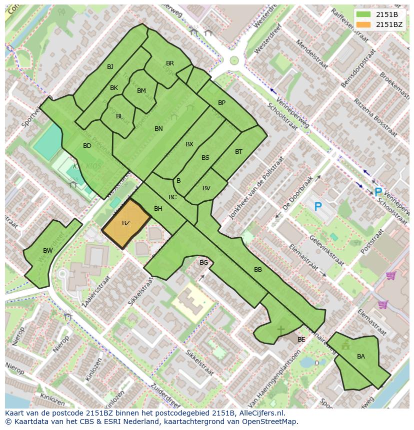 Afbeelding van het postcodegebied 2151 BZ op de kaart.