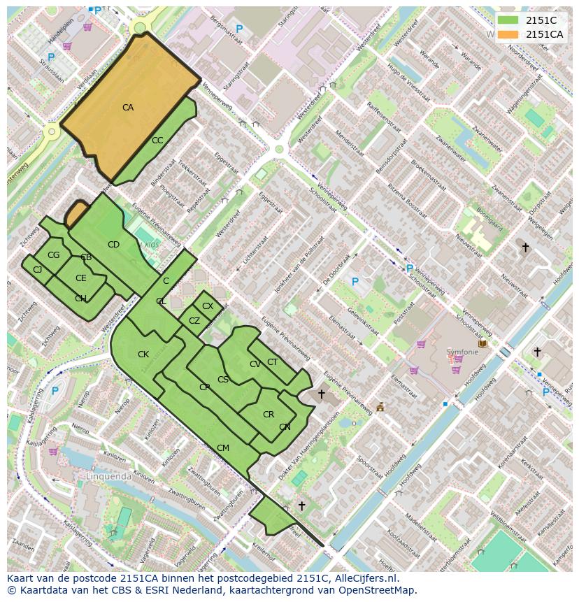 Afbeelding van het postcodegebied 2151 CA op de kaart.