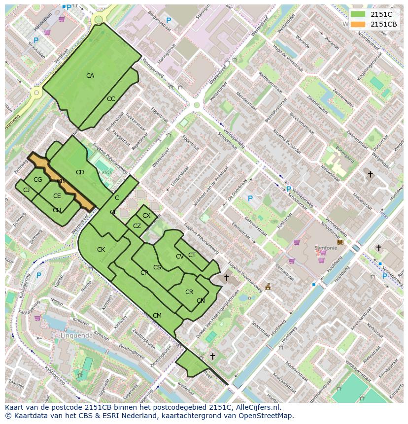 Afbeelding van het postcodegebied 2151 CB op de kaart.