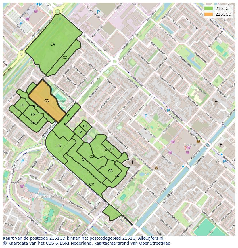 Afbeelding van het postcodegebied 2151 CD op de kaart.