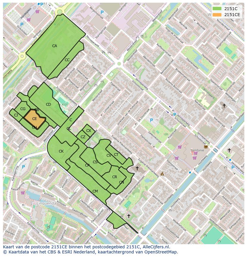 Afbeelding van het postcodegebied 2151 CE op de kaart.