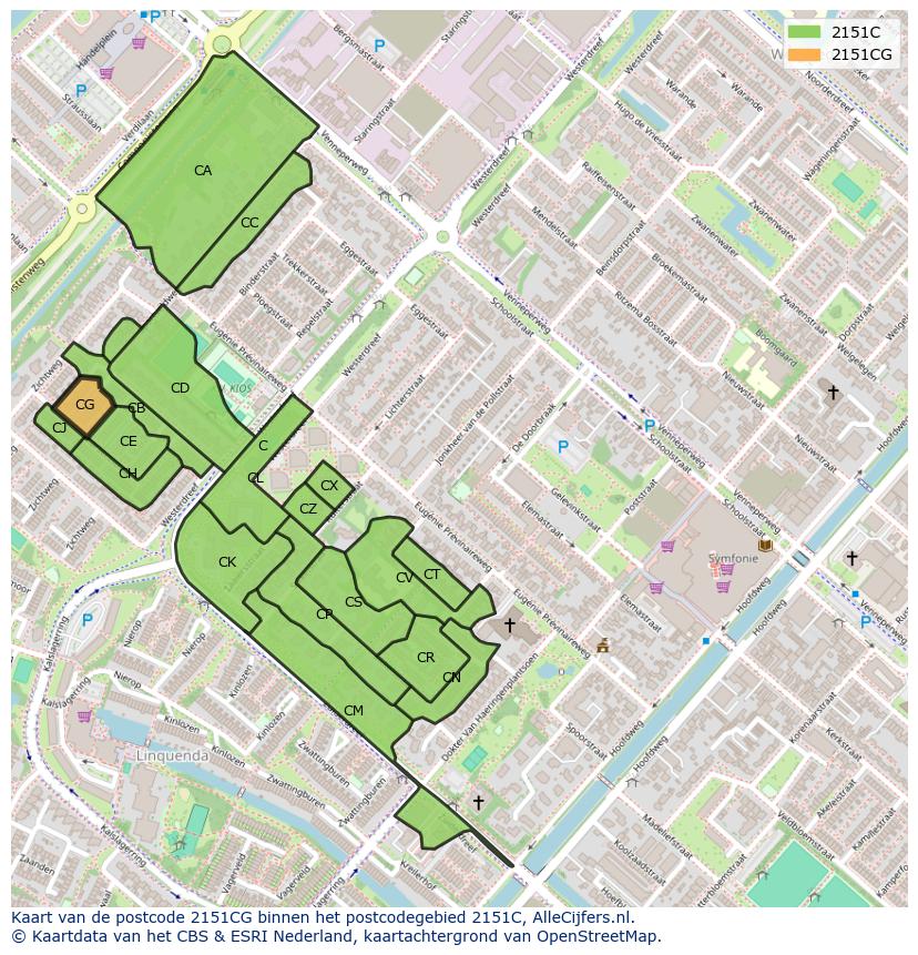 Afbeelding van het postcodegebied 2151 CG op de kaart.