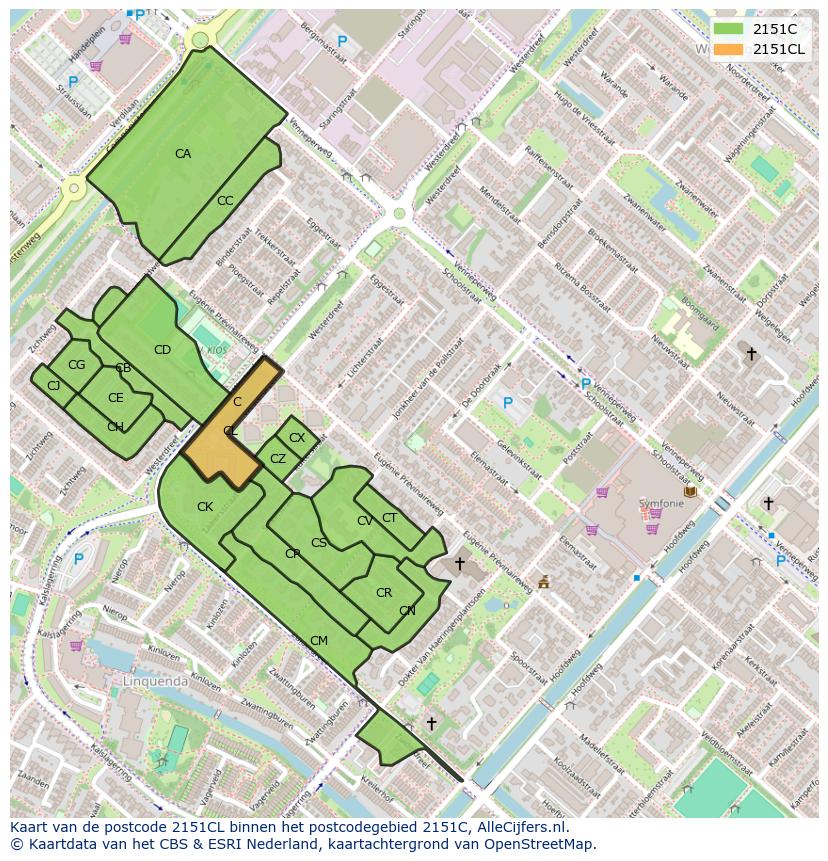 Afbeelding van het postcodegebied 2151 CL op de kaart.