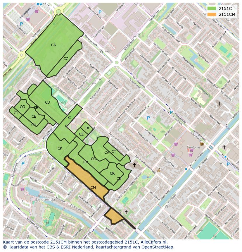 Afbeelding van het postcodegebied 2151 CM op de kaart.