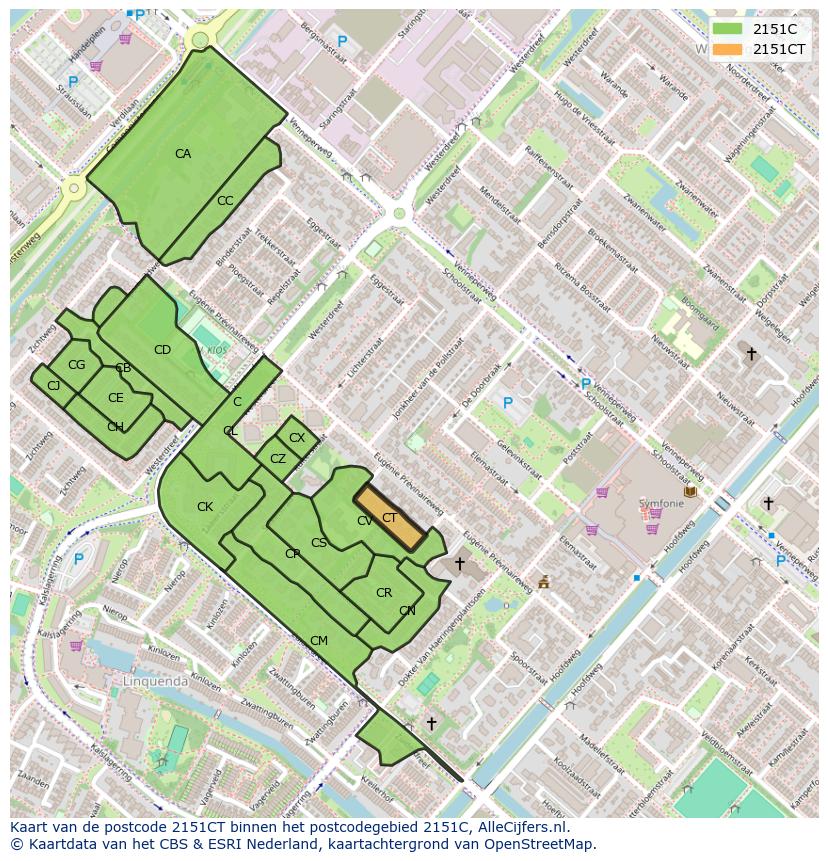 Afbeelding van het postcodegebied 2151 CT op de kaart.
