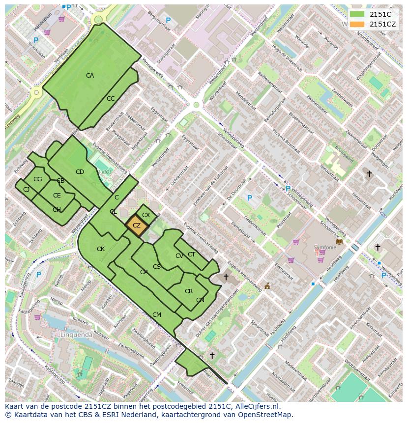 Afbeelding van het postcodegebied 2151 CZ op de kaart.