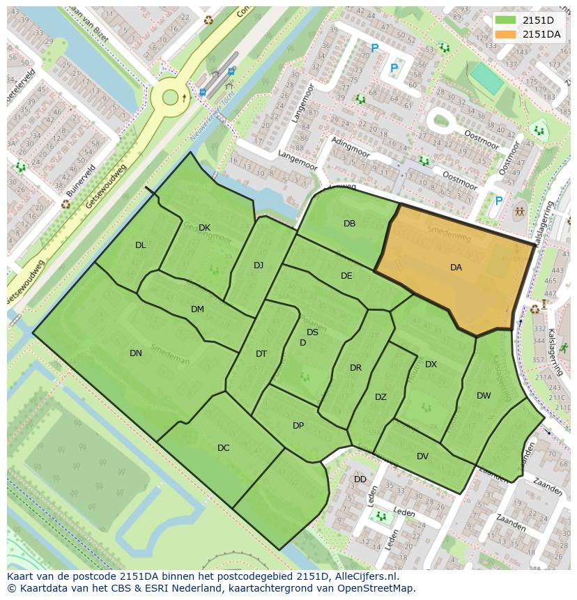 Afbeelding van het postcodegebied 2151 DA op de kaart.