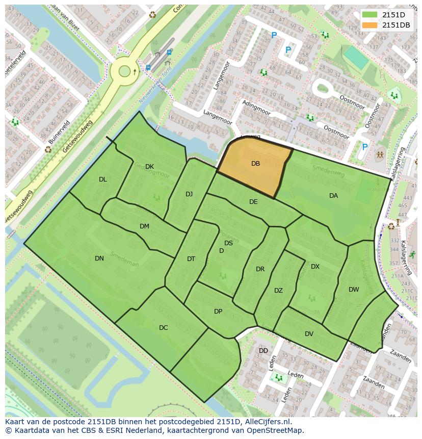 Afbeelding van het postcodegebied 2151 DB op de kaart.