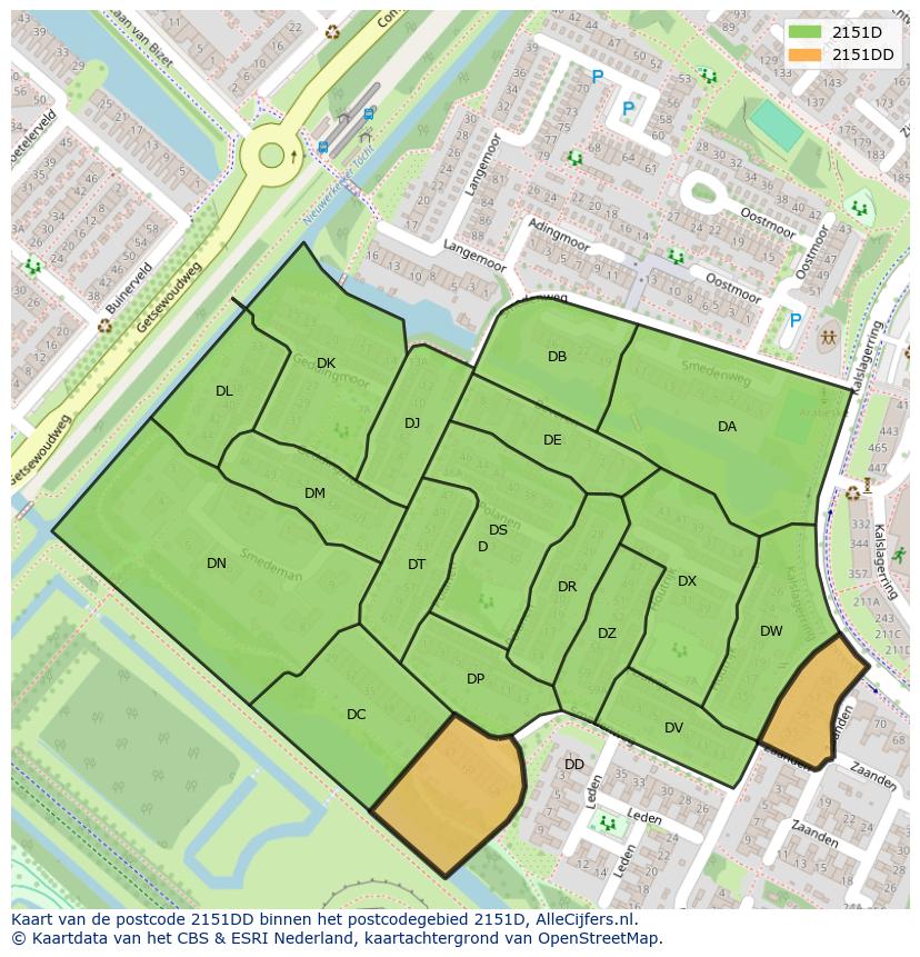 Afbeelding van het postcodegebied 2151 DD op de kaart.