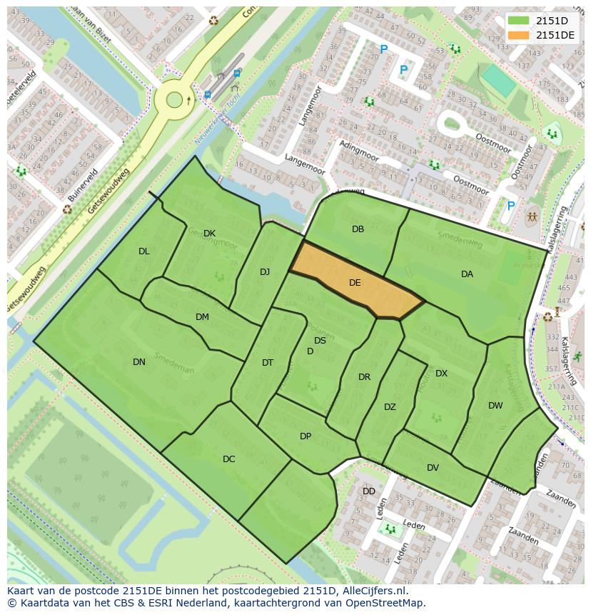 Afbeelding van het postcodegebied 2151 DE op de kaart.