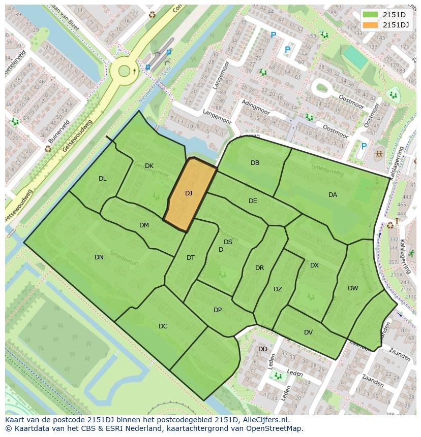 Afbeelding van het postcodegebied 2151 DJ op de kaart.