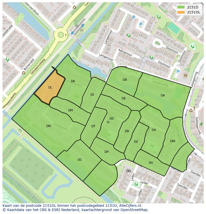 Afbeelding van het postcodegebied 2151 DL op de kaart.