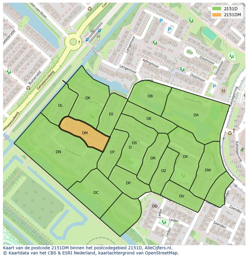 Afbeelding van het postcodegebied 2151 DM op de kaart.