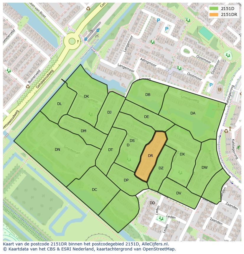 Afbeelding van het postcodegebied 2151 DR op de kaart.