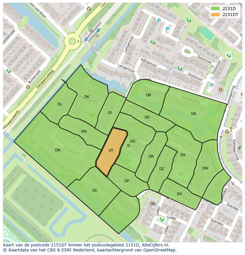 Afbeelding van het postcodegebied 2151 DT op de kaart.