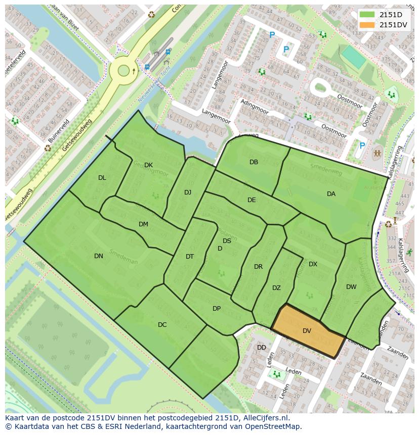 Afbeelding van het postcodegebied 2151 DV op de kaart.