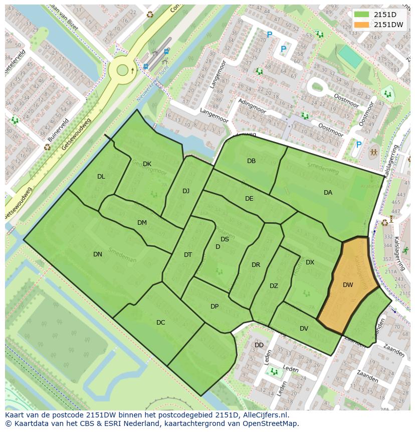 Afbeelding van het postcodegebied 2151 DW op de kaart.