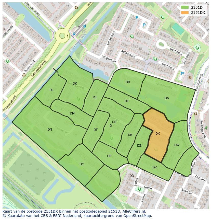 Afbeelding van het postcodegebied 2151 DX op de kaart.
