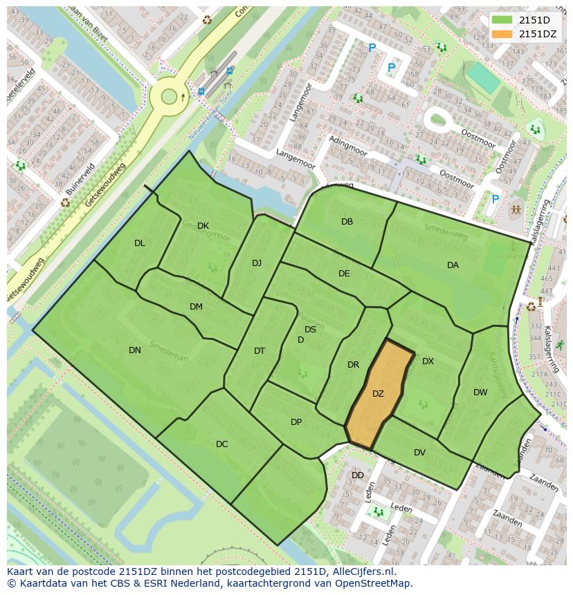 Afbeelding van het postcodegebied 2151 DZ op de kaart.
