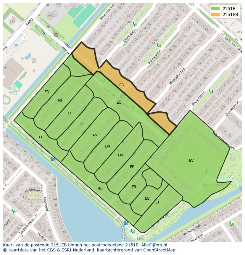 Afbeelding van het postcodegebied 2151 EB op de kaart.