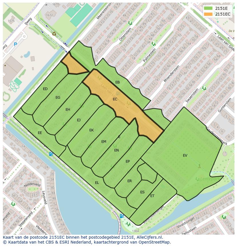Afbeelding van het postcodegebied 2151 EC op de kaart.