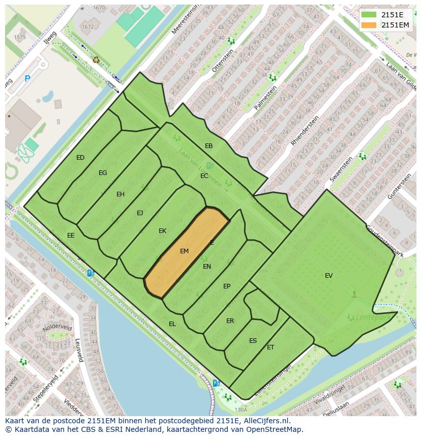 Afbeelding van het postcodegebied 2151 EM op de kaart.