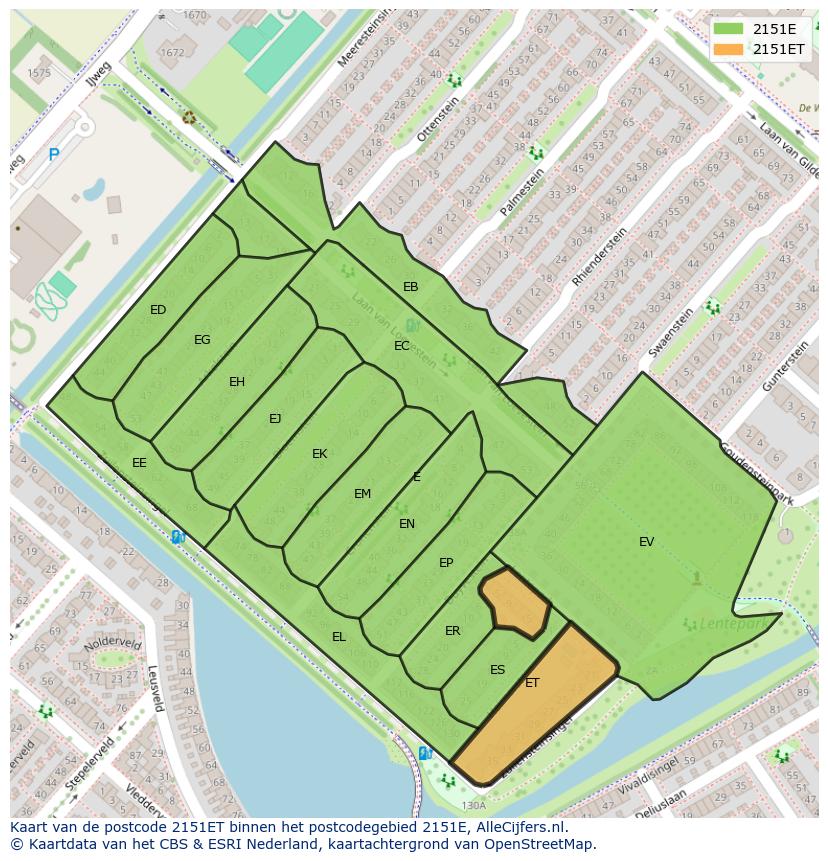Afbeelding van het postcodegebied 2151 ET op de kaart.