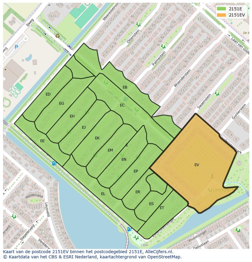 Afbeelding van het postcodegebied 2151 EV op de kaart.