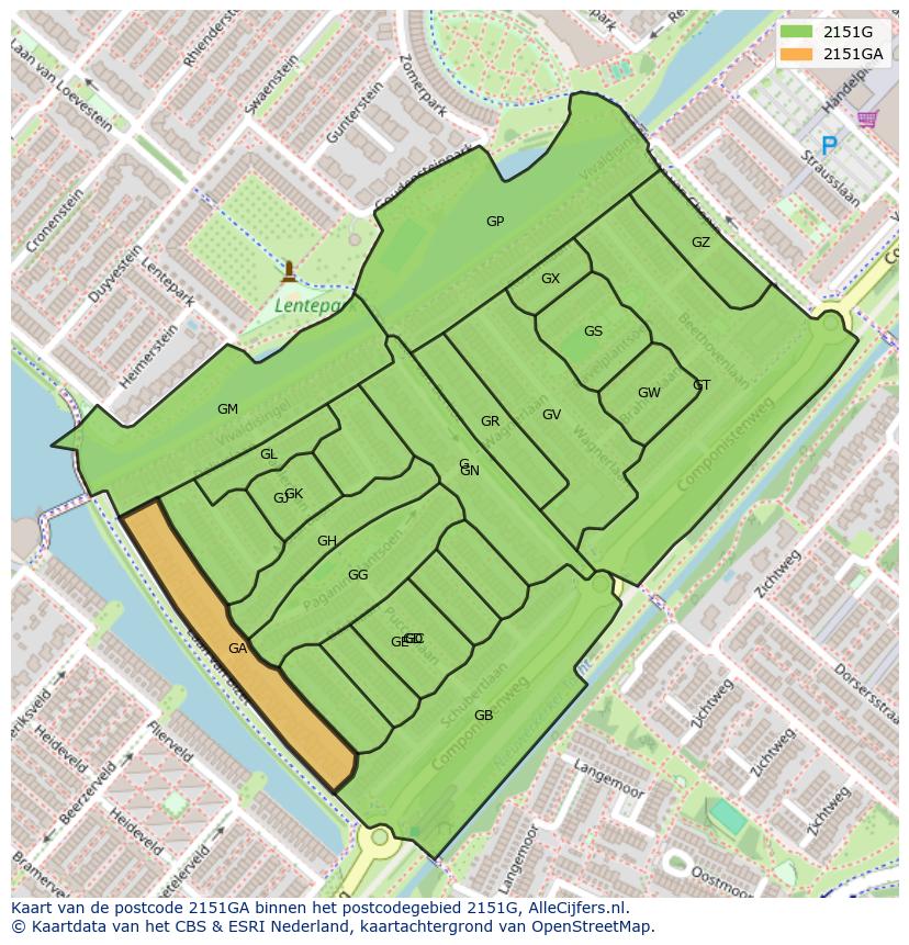 Afbeelding van het postcodegebied 2151 GA op de kaart.