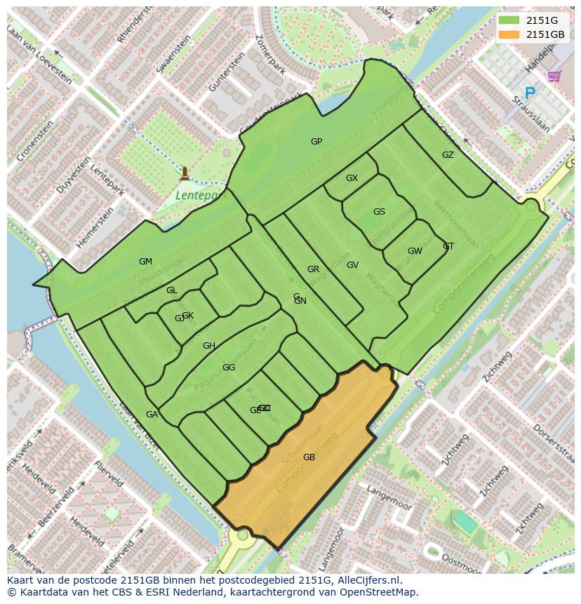 Afbeelding van het postcodegebied 2151 GB op de kaart.