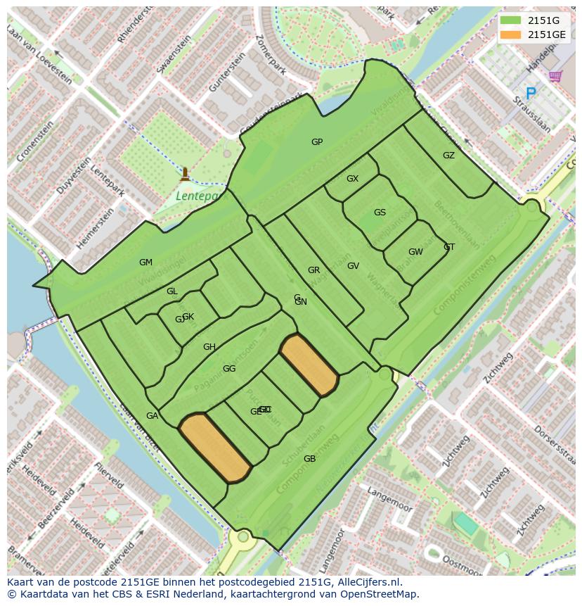 Afbeelding van het postcodegebied 2151 GE op de kaart.