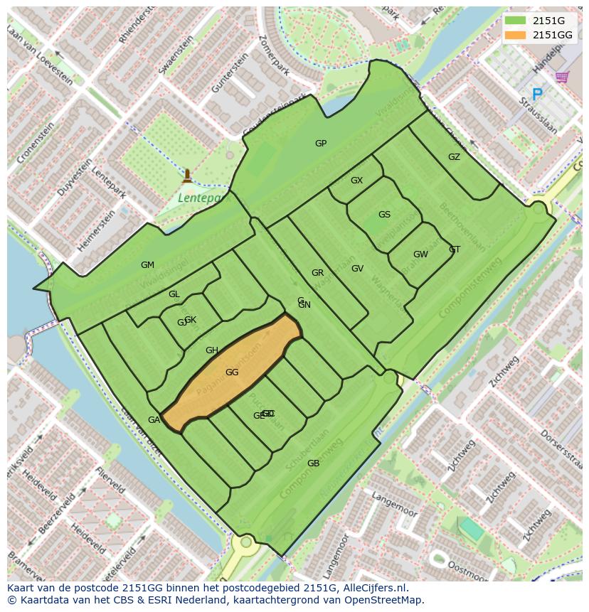 Afbeelding van het postcodegebied 2151 GG op de kaart.