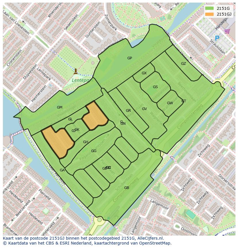 Afbeelding van het postcodegebied 2151 GJ op de kaart.