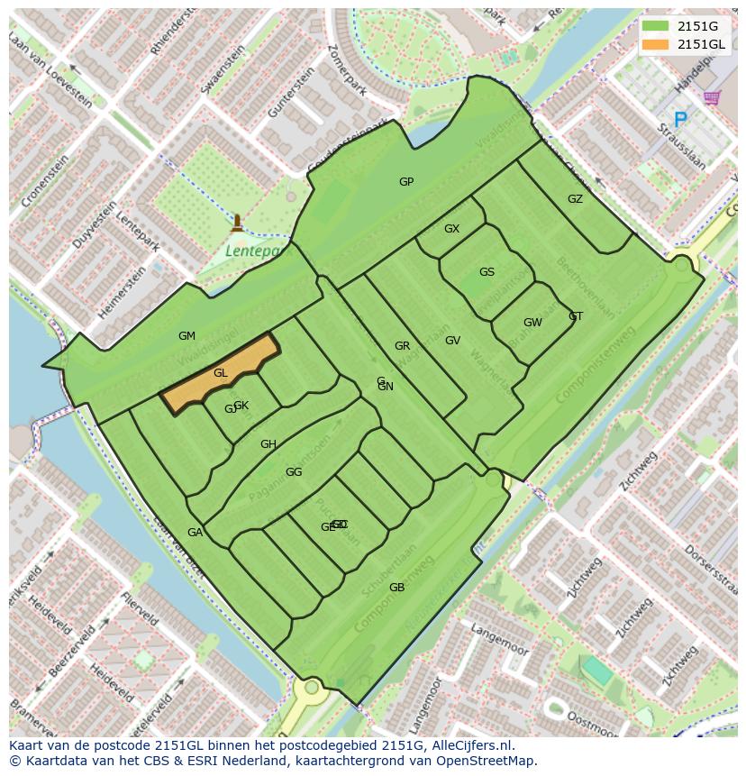 Afbeelding van het postcodegebied 2151 GL op de kaart.