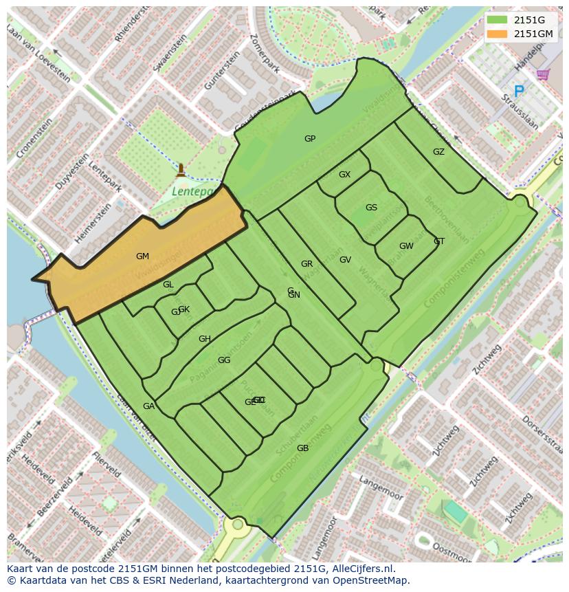 Afbeelding van het postcodegebied 2151 GM op de kaart.