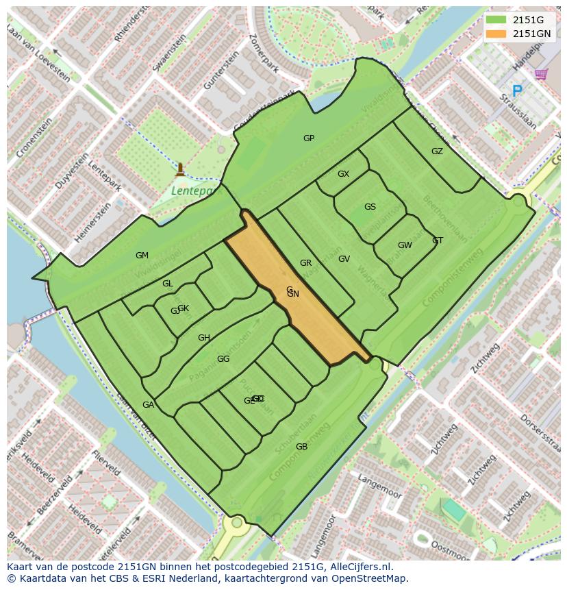 Afbeelding van het postcodegebied 2151 GN op de kaart.